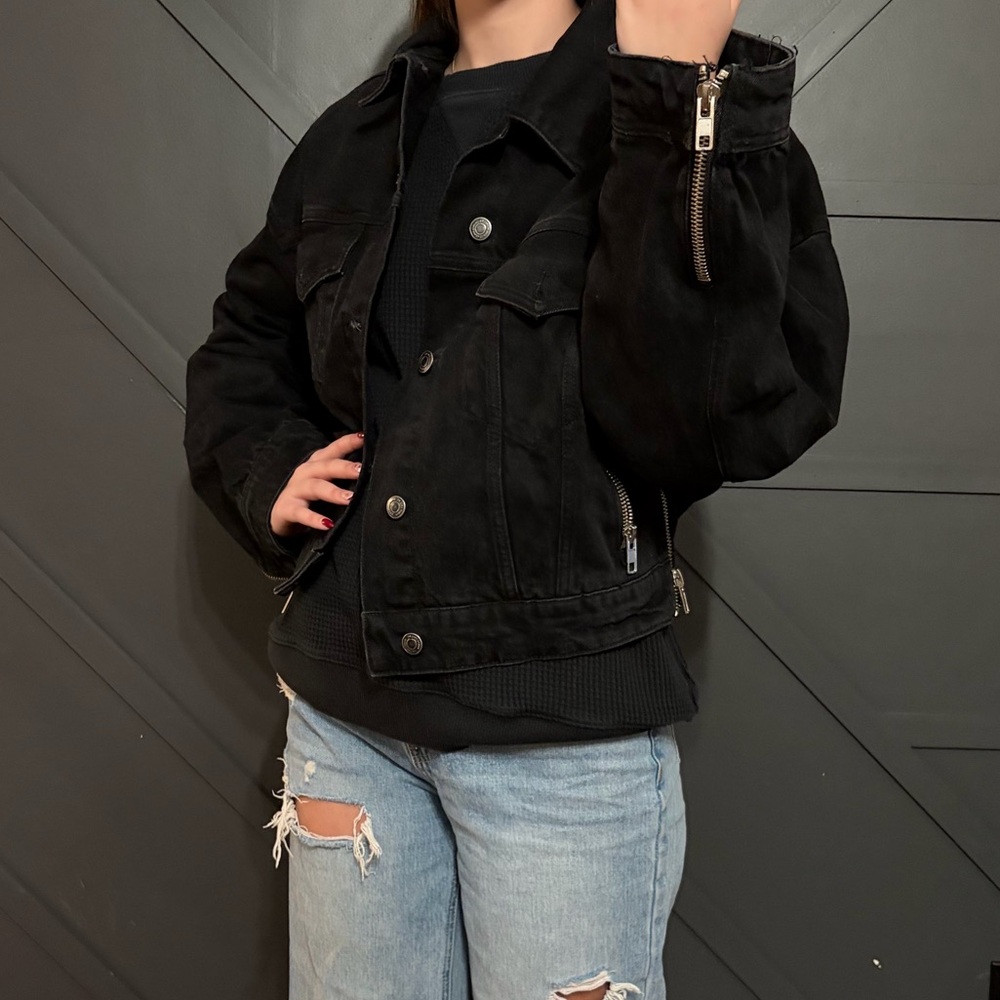 Zara Black Denim Jacket ZW Zippered - Picture 3 of 7
